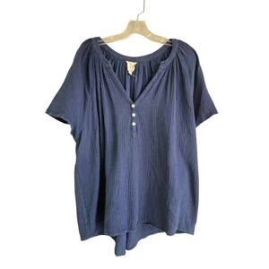 Joie Navy Blue Crinkle Cotton Gauze Peasant Blouse Top 3X Plus Size